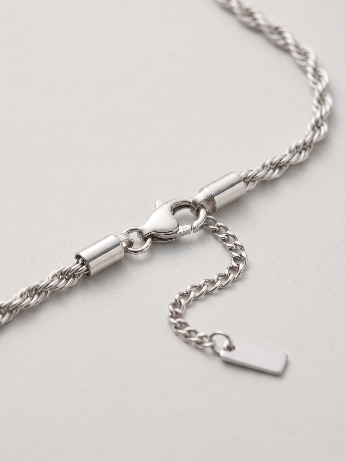 Rope Chain 3mm in silver, clasp and adjustable extender